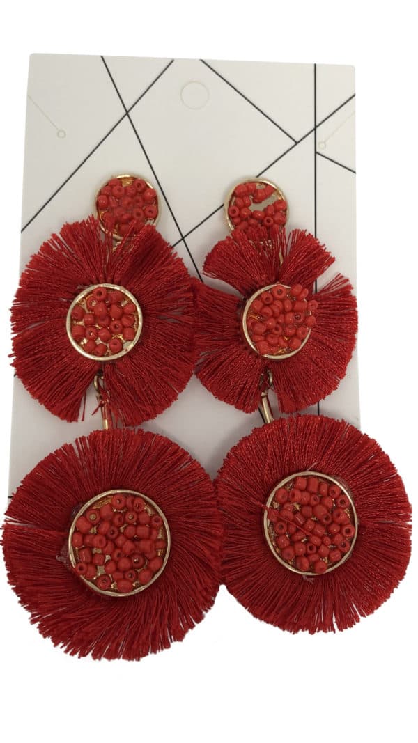 Red Hand Beaded Tassel Earrings